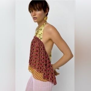 New Zara halter peplum boho hippie multicolor cropped front blouse size Large